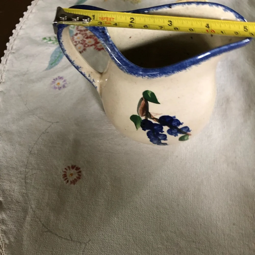 Vintage Small Handpainted Ceramic Pitcher. Blueberries on Cream Background. 5